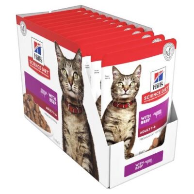 Hills Science Diet Adult Beef Cat Food Pouches 12x85g